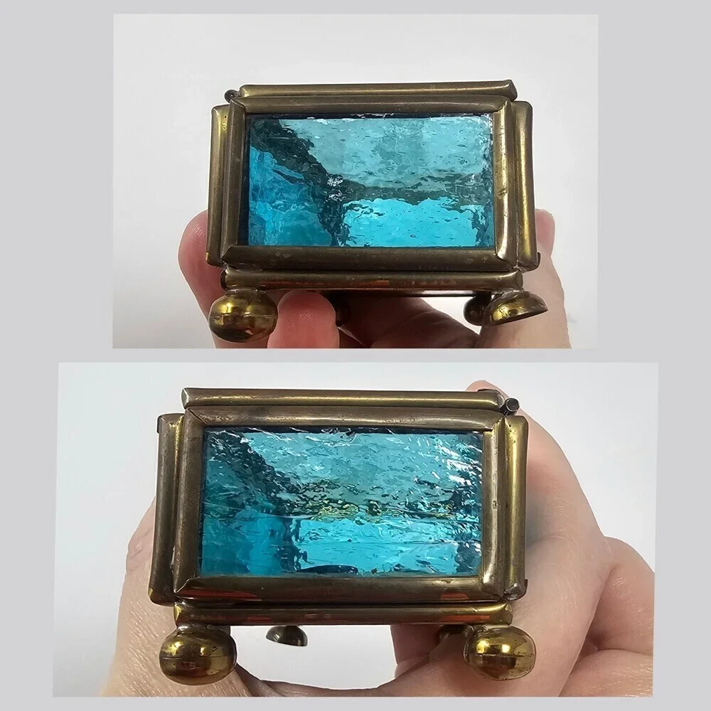 Vtg Brass & Etched Blue Glass Jewelry Trinket Box Footed Mirrored Made In Mexico